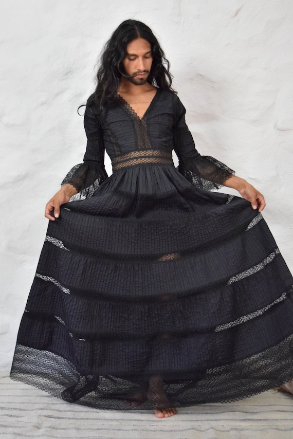 Vintage Lace Dress. Pin Tuck Cotton Dress. Mexican