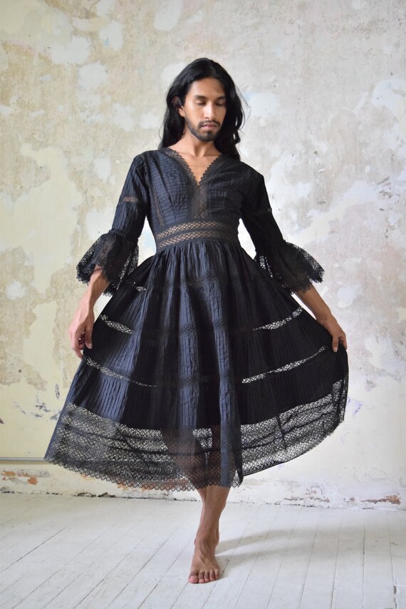 Vintage Lace Dress. Pin Tuck Cotton Dress. Mexican