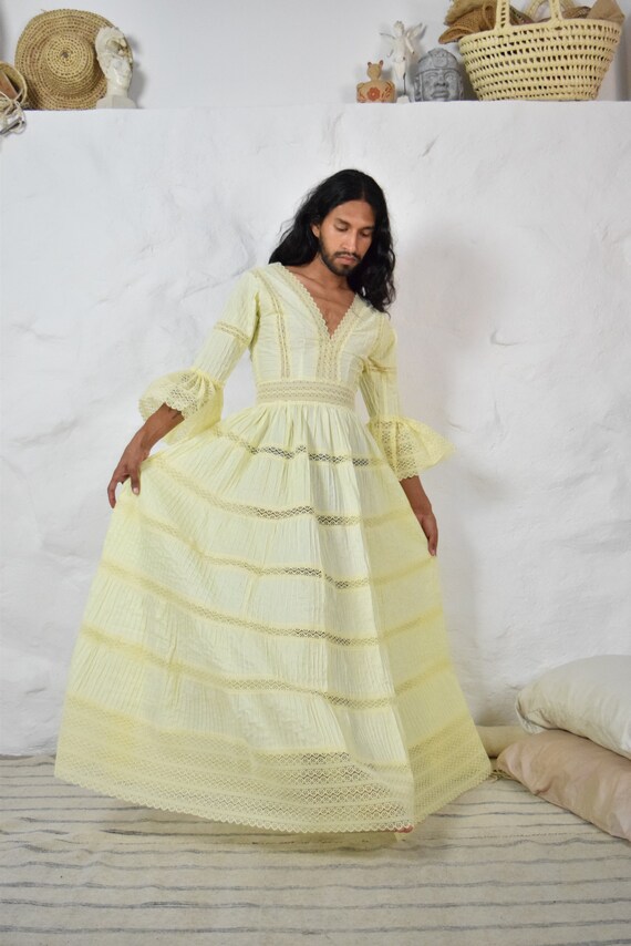 Vintage Lace Dress. Pin Tuck Cotton Dress. Mexican