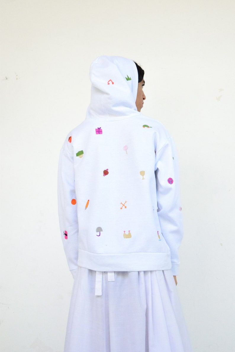 Hand Embroidered Hoodie. Emoji Hoodie. White Hoodie image 3