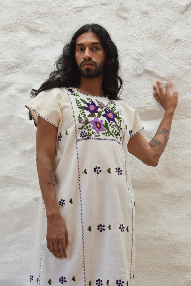 Flowers and Vines Hand Embroidered Raw Cotton Mexican Dress