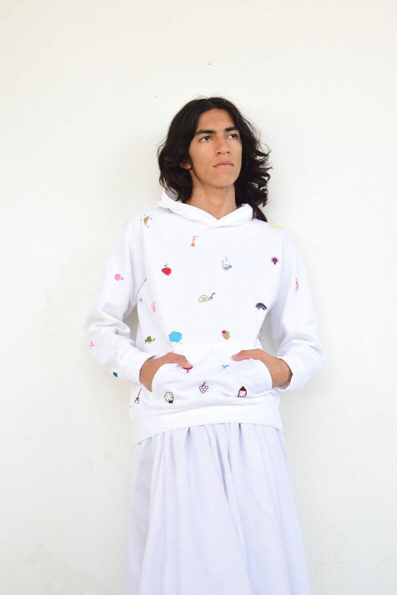 Hand Embroidered Hoodie. Emoji Hoodie. White Hoodie image 1