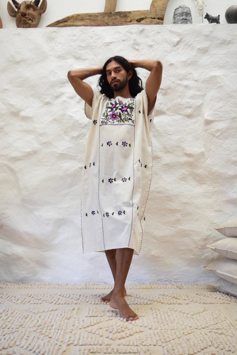 Flowers and Vines Hand Embroidered Raw Cotton Mexican Dress