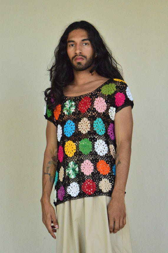 Vintage Crochet Blouse. Mexican Blouse. Granny Squ