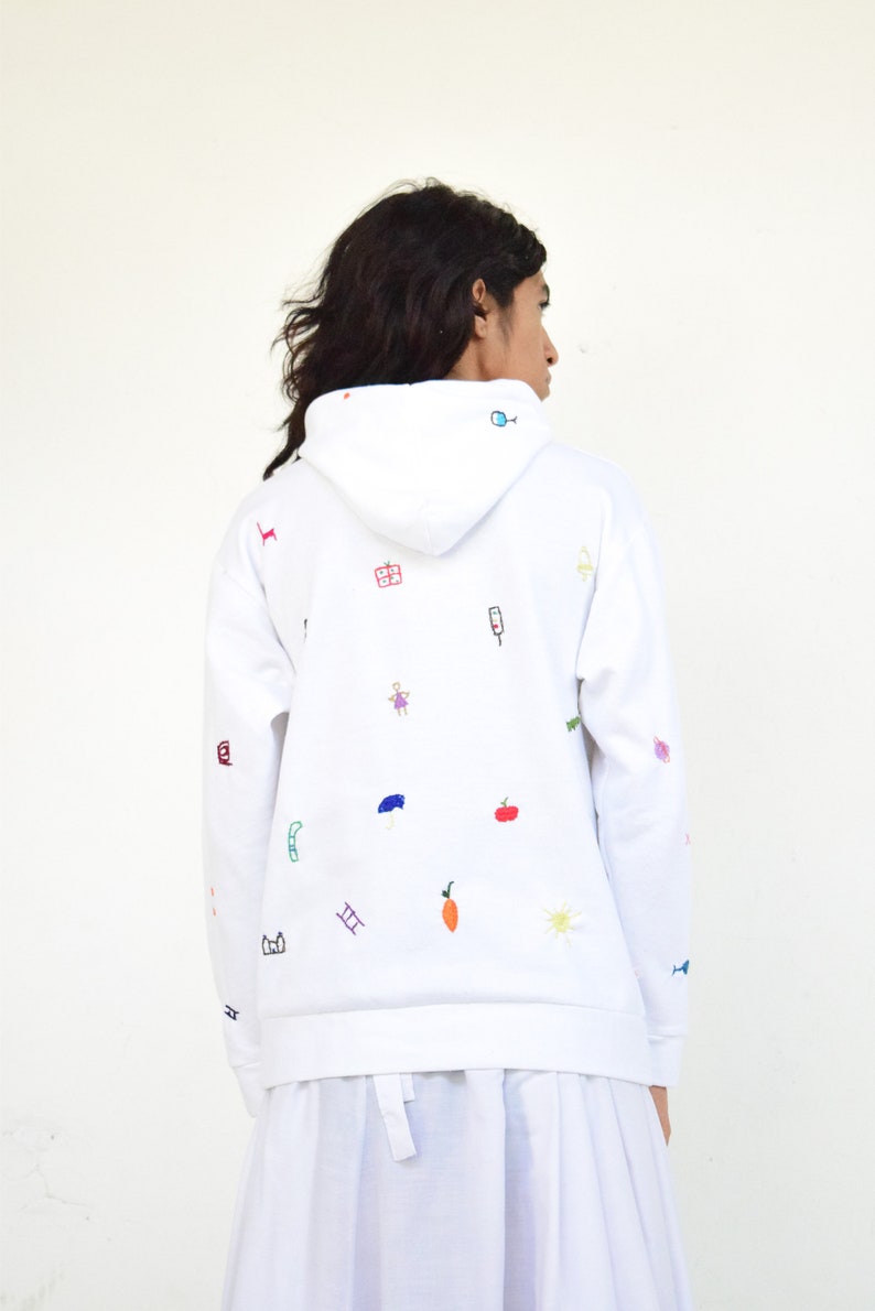 Hand Embroidered Hoodie. Emoji Hoodie. White Hoodie image 5