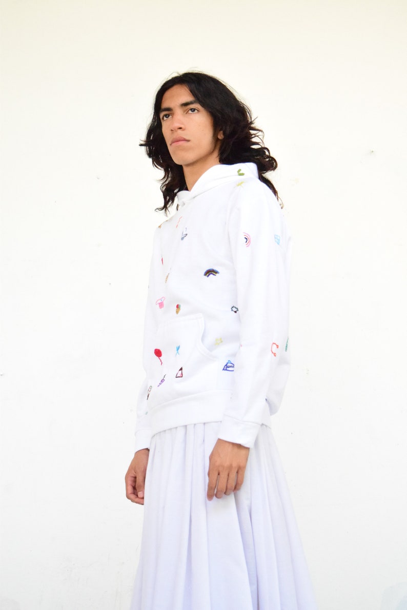 Hand Embroidered Hoodie. Emoji Hoodie. White Hoodie image 4