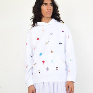 Hand Embroidered Hoodie. Emoji Hoodie. White Hoodie image 6