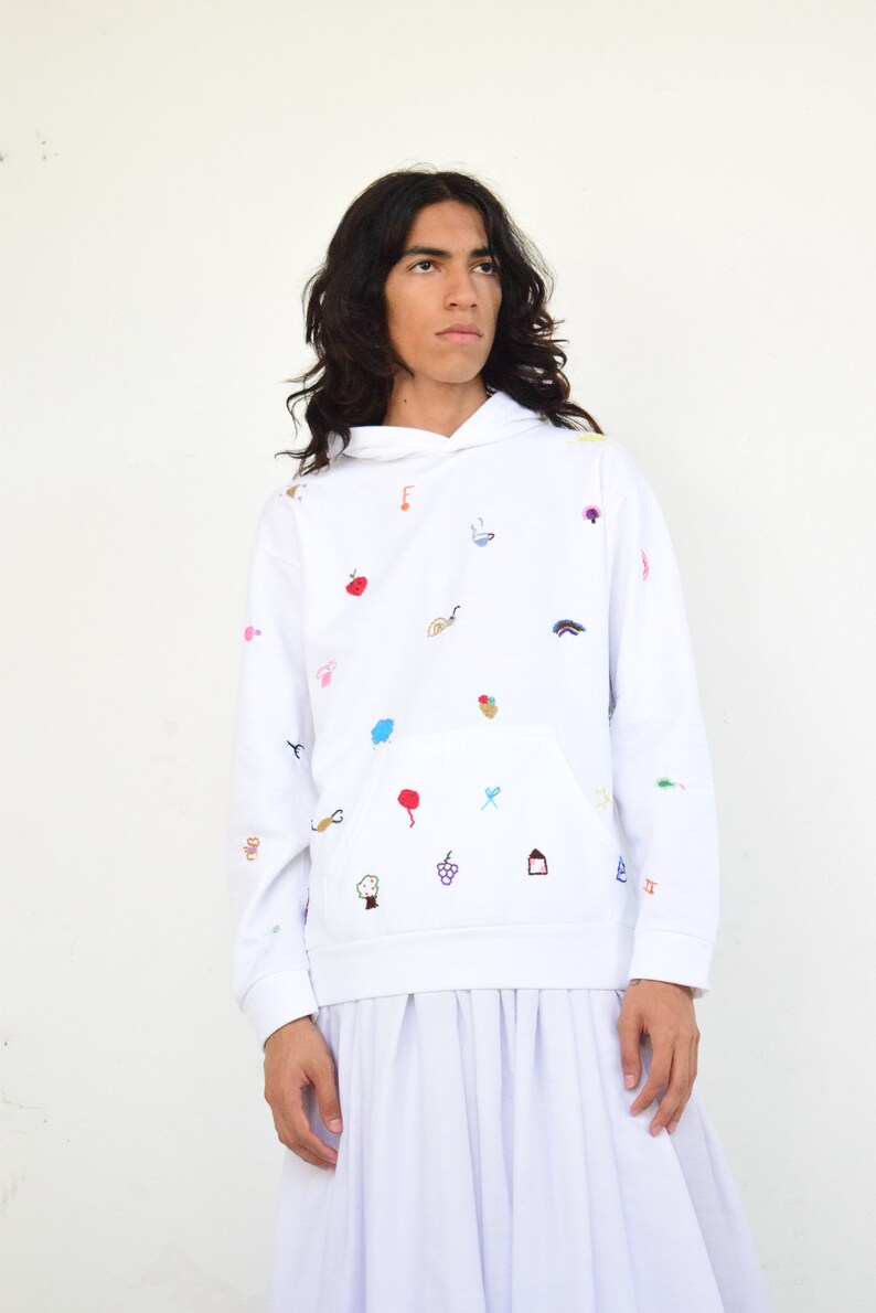 Hand Embroidered Hoodie. Emoji Hoodie. White Hoodie image 6