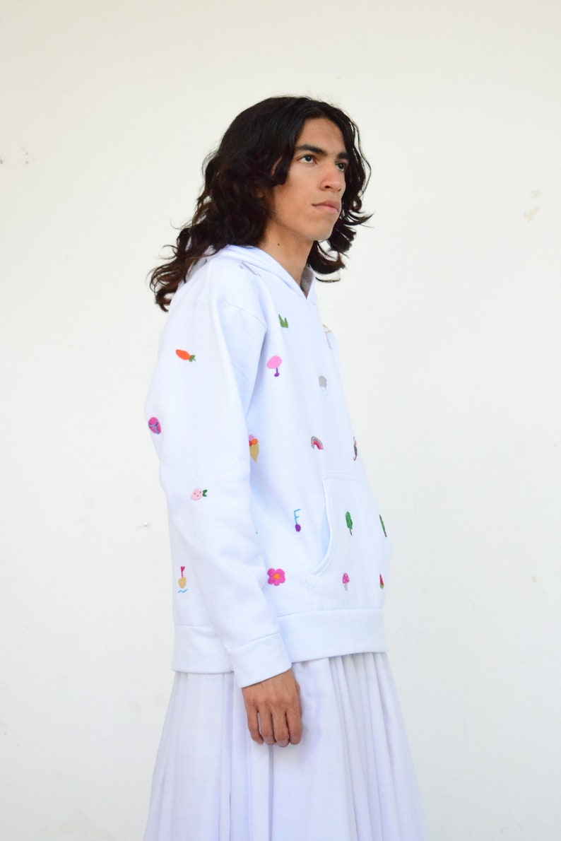 Hand Embroidered Hoodie. Emoji Hoodie. White Hoodie image 7