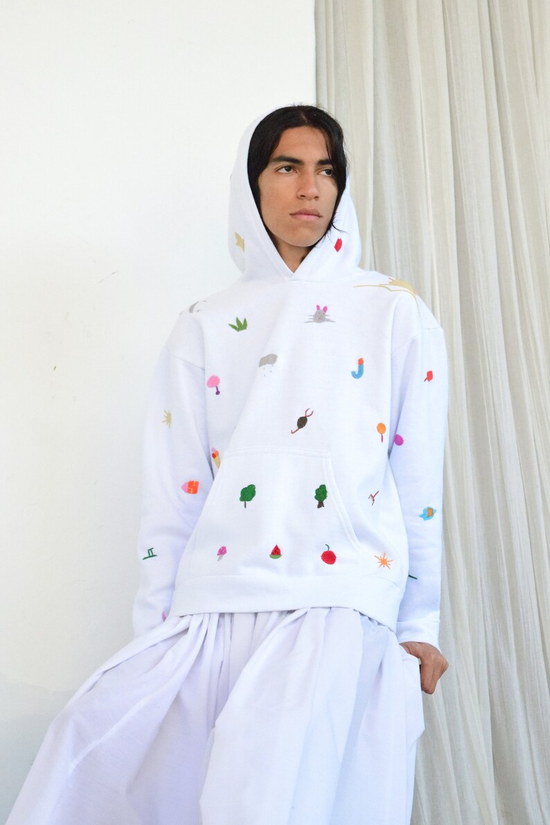 Hand Embroidered Hoodie. Emoji Hoodie. White Hoodie image 2