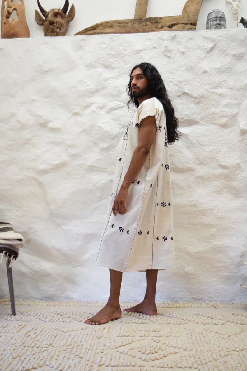 Flowers and Vines Hand Embroidered Raw Cotton Mexican Dress