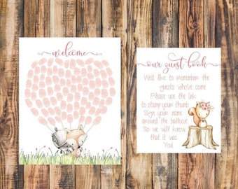 libro de visitas, bosque, baby shower, libro de visitas de huellas dactilares, libro de visitas de baby shower, animales del bosque, libro de visitas de animales del bosque