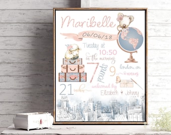 Travel Koala Birth Stats Print, Baby Girl Nursery Decor (Printable)