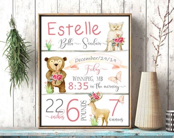 Woodland, Birth stats, Personalized gift, Custom, Owl, Printable, Woodland Nursery, Nursery, baby gift, Baby girl, Baby shower, Rustic decor