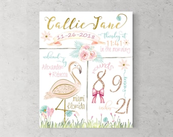 Flamingo, Tropical, Nursery, Birth stats, Birth details, Summer theme, Pink and gold, Whimsical, Personalized, Custom, Baby gift, wall art