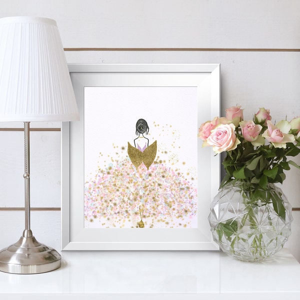 Ballerina Watercolor Print, Fairy Princess Art, Blue Nursery Decor
