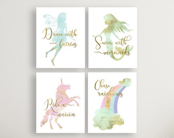 Instant Download, Mermaid, Fairy, Unicorn, Rainbow, Nursery, Baby Girl, Baby Gift, Wall art, Baby Shower, Whimsical art, Nursery wall art