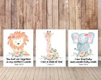 Safari, Bible verse, Wall Art, Set of 3, Safari animals, Baby animals, Nursery, SSFIVE, Zoo animals, Safari Theme, Elephant, Zebra, Lion