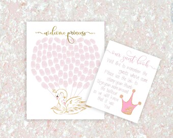 Swan, Baby shower, guest book, baby shower decorations, guest book ideas, Fingerprints, Nursery decor, Gift for baby, birthday, Gold, Pink