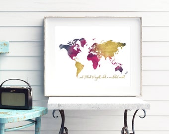 World map, Rainbow, Pink and gold, nursery decor, world, Earth, World Map print, Printable, globe, nursery decor, wall art, baby shower gift