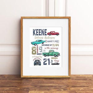Vintage Auto Kinderzimmer | Oldtimer Geburtsanzeige | Baby Junge Geschenk | Baby Geburtsanzeige | Neugeborenen Geschenk, Posterrahmen, Holzrahmen