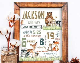 Woodland Nursery Birth Stats Print | Baby Animal Decor (Digital Download)
