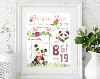 Panda, Nursery, baby gift, Birth details, Nursery, Wall art, Birth stats, Nursery wall art, Nursery decor, Custom, wall art, Birth stat