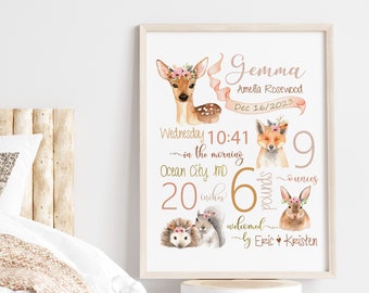 Woodland Animal Birth Stats Print | Nursery Wall Art (Digital Download)