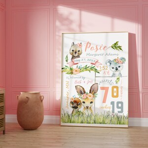 Kangaroo Printable Nursery Print | Name sign for nursery girl | Baby Animal Newborn gift | Kangaroo kids room | birth Announcement |