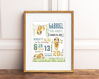 Sloth Birth Stats Nursery Print, Personalized Keepsake (Digital Download)