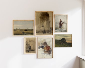 May include: A gallery wall with six framed prints of vintage artwork. The prints feature a variety of subjects, including landscapes, portraits, and architectural details. The frames are all made of wood and have a natural finish.