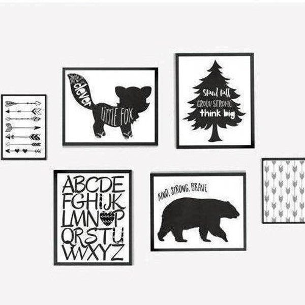 Set of 6 Woodland themed nursery prints, Monochrome nursery, first birthday decor, fox and bear prints, forest animals, woodland monochrome