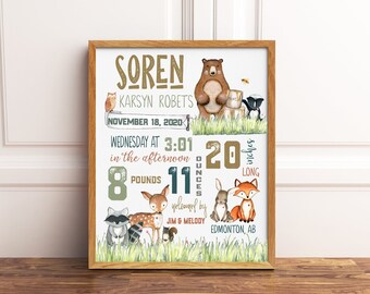 Woodland Baby Birth Announcement • Custom Forest Animal Nursery Print