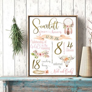 Boho Nursery, Birth stats, Birth details, Personalized, Pink and gold, baby gift, Newborn gift, Baby shower, wall art, new baby, custom gift