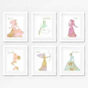 Princess nursery, Set of 6, Gift for her, Princess room, Wall art, Baby shower,  little girls room, Big girl room, Gift for daughter. gold