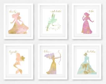 Princess nursery, Set of 6, Gift for her, Princess room, Wall art, Baby shower,  little girls room, Big girl room, Gift for daughter. gold
