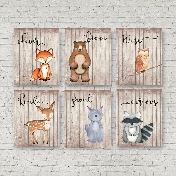 Woodland Animal Nursery Prints, Rustic Boys Decor, Set of 6