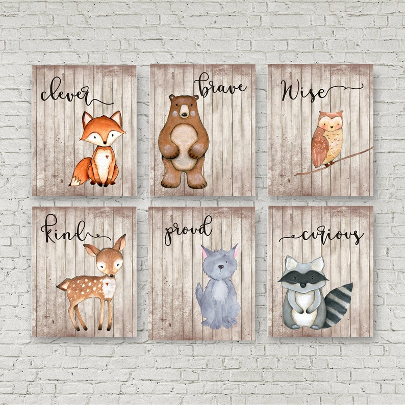 Woodland Nursery, Set of 6, Woodland Theme, Baby shower gift, Boys rustic nursery, Woodland Baby shower, Personalized, Wall art, Raccoon, image 1