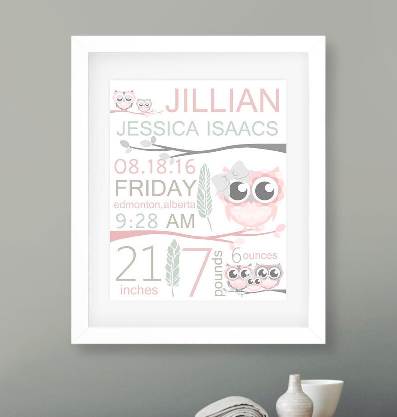 Owl Birth Stats Birth Details Nursery Personalized Baby Etsy