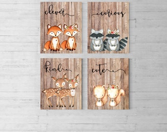 Twins Nursery Decor, Woodland Animals Print Set of 4