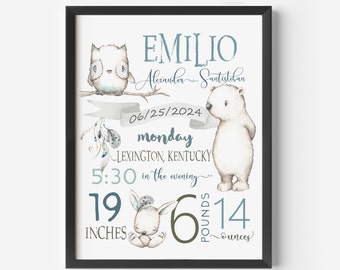 Impression de chambre de bébé des bois, statistiques de naissance, décoration d'animaux de la forêt