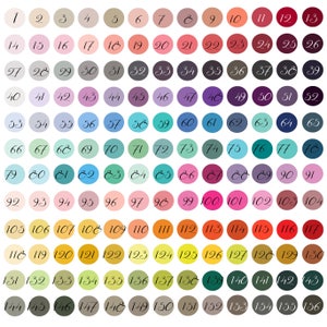 May include: A color chart with 156 different colored circles, each with a number from 1 to 156. The circles are arranged in a grid pattern.