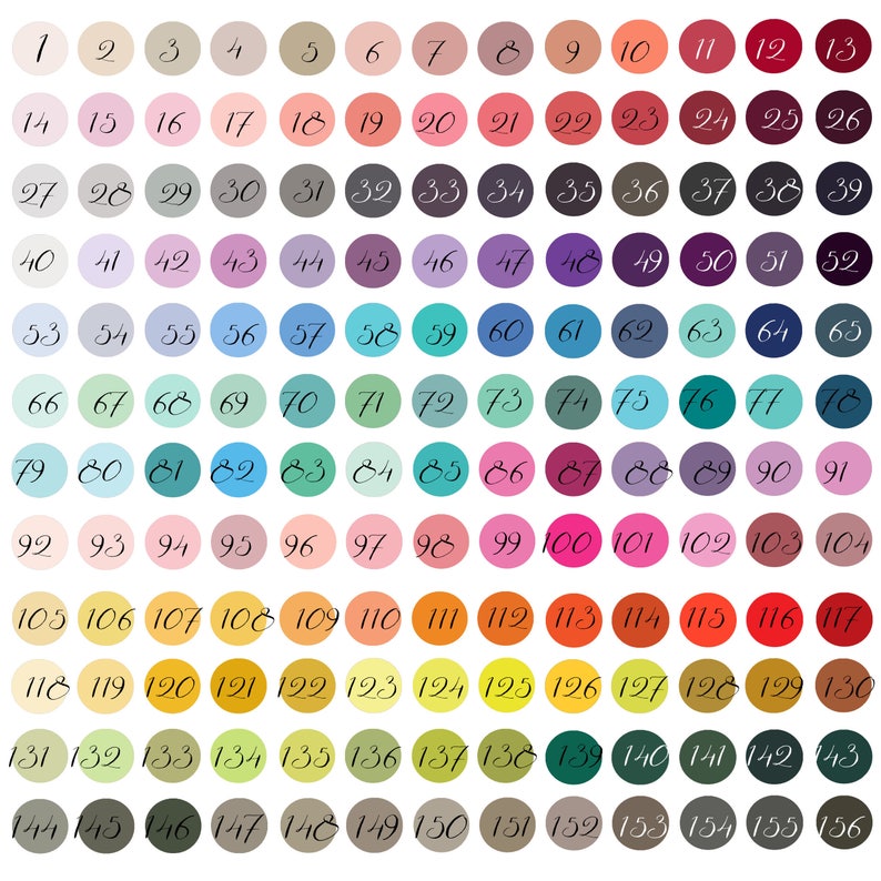 May include: A color chart with 156 different colored circles, each with a number from 1 to 156. The circles are arranged in a grid pattern.