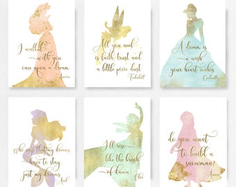 Princess, Ariel, Set of 6, Princess Nursery,  Baby shower, princess quotes, the little mermaid, Elsa, Frozen, Cinderella, TINK