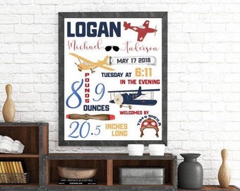 Vliegtuig, geboortestatistieken, geboortegegevens, luchtvaart, kinderkamer, gepersonaliseerd, babycadeau, jongenskamer, babyshower, aandenken, nieuwe baby, aangepast