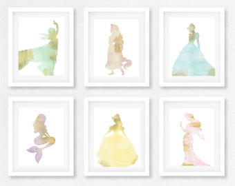 Princess Silhouette Print Set, Nursery Decor (Set of 6)