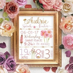 Wildflower, Birth stats, Birth details, Pink and gold, floral, nursery, baby gift, Wildflowers1, Baby shower, personalized, wall art, custom