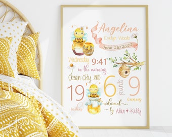 Honey Bee Nursery | birth announcement | Nursery Decor | gifts for her | wall art | Art print | Wall art prints | Baby shower | Personalized