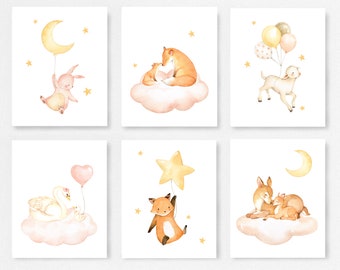 Instant Download, Woodland Nursery, Set of 6, Moon and Stars, Baby gift, Deer, Swan, Baby shower, Wall art, Raccoon, Mommy and me, Balloons