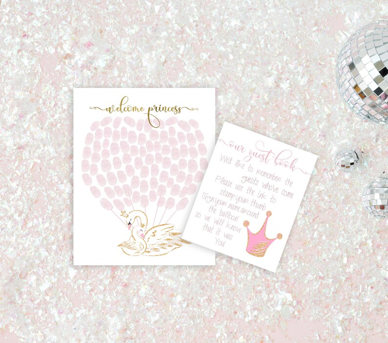 Swan Baby Shower Guest Book Decorations Ideas Fingerprints Nursery Decor Gift For Birthday Gold Pink